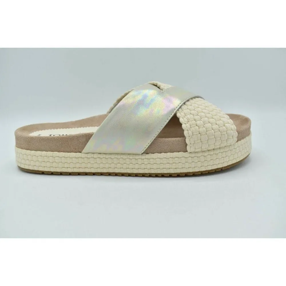 Toms Womens Size 9 Silver Iridescent Leather Woven Trim Paloma Platform Slide‎